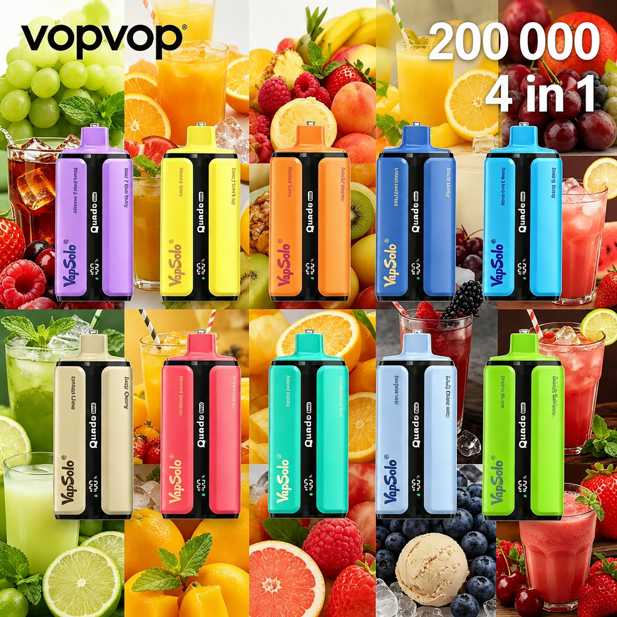 🚀 VOPVOP 200K – 200 000 slukkot bír ki | Négy íz egyben | Eldobható elektronikus cigaretta, nikotintartalom 0% / 2% / 5% • 10 íz