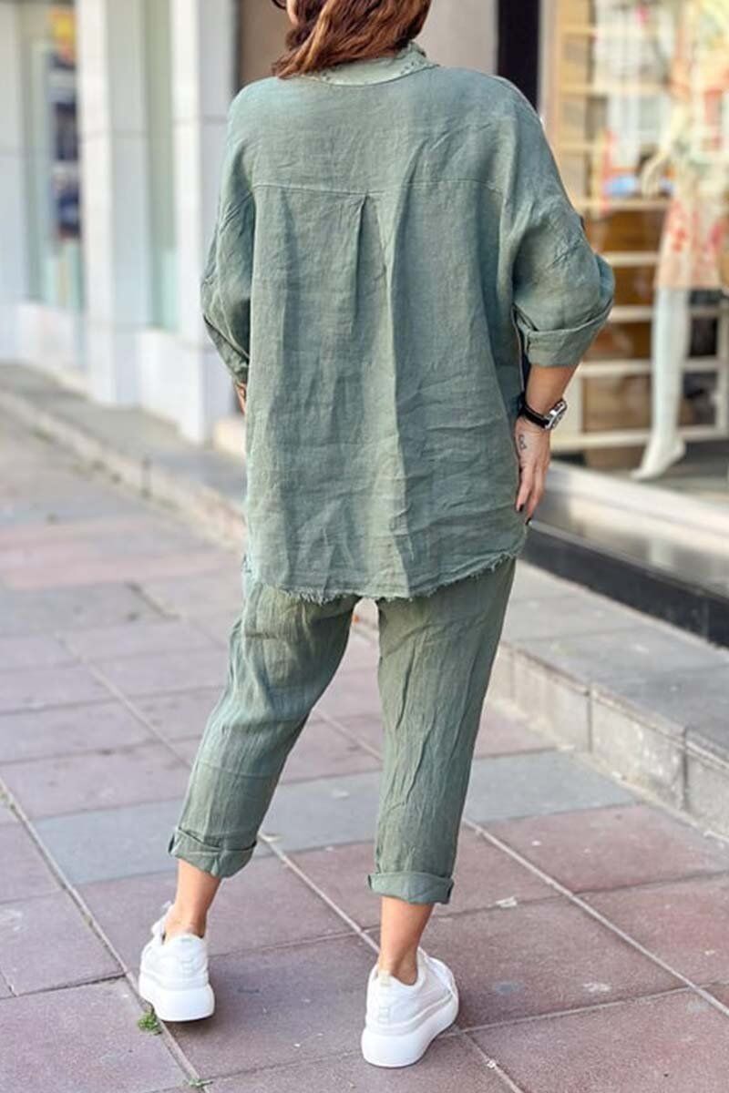 Conjunto blusa + calça dia feminino em algodão e linho