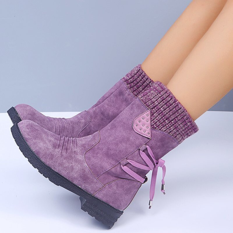🔥51% DE DESCONTO AGORA - Botas de neve femininas de cano médio com punho de suéter, botas quentes de inverno