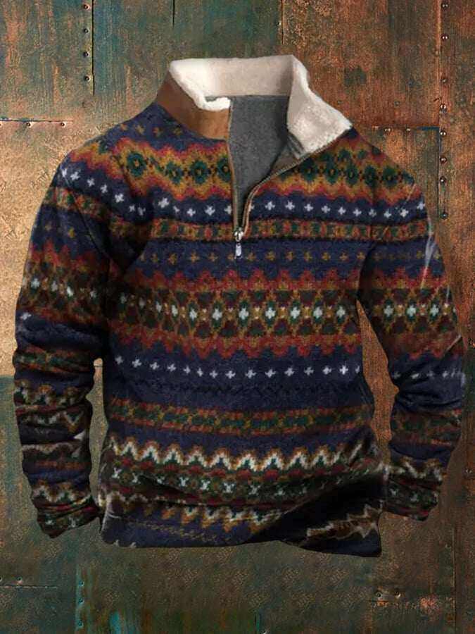 Męska zapinana na zamek bluza z kapturem, pluszowym kołnierzem i zachodnim nadrukiem w stylu vintage