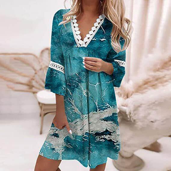 Novo vestido de verão com retalhos de renda estampado em algodão e linho
