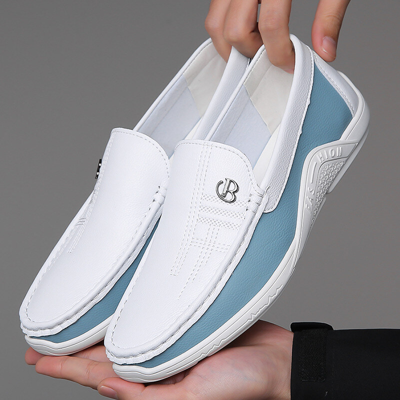 Sapatos casuais masculinos de couro com sola macia e sem cadarço