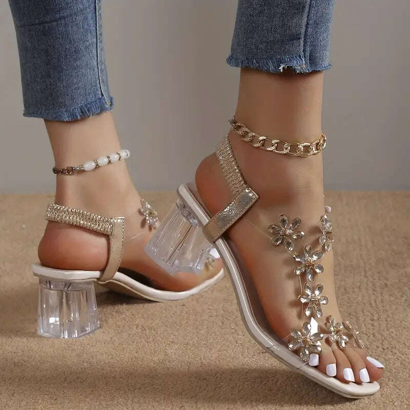 🔥Promoção de último dia com 50% de desconto - sandálias femininas de salto bloco com cristais de flores