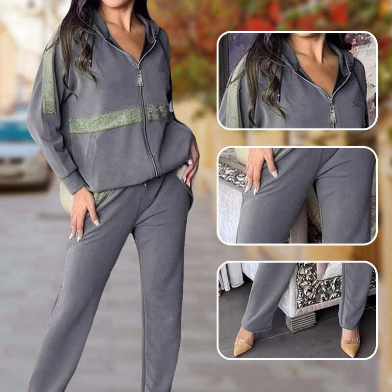 🎅Promoção de Natal de 49%💥Lantejoulas femininas – conjunto casual de 2 peças em cor sólida enfeitada