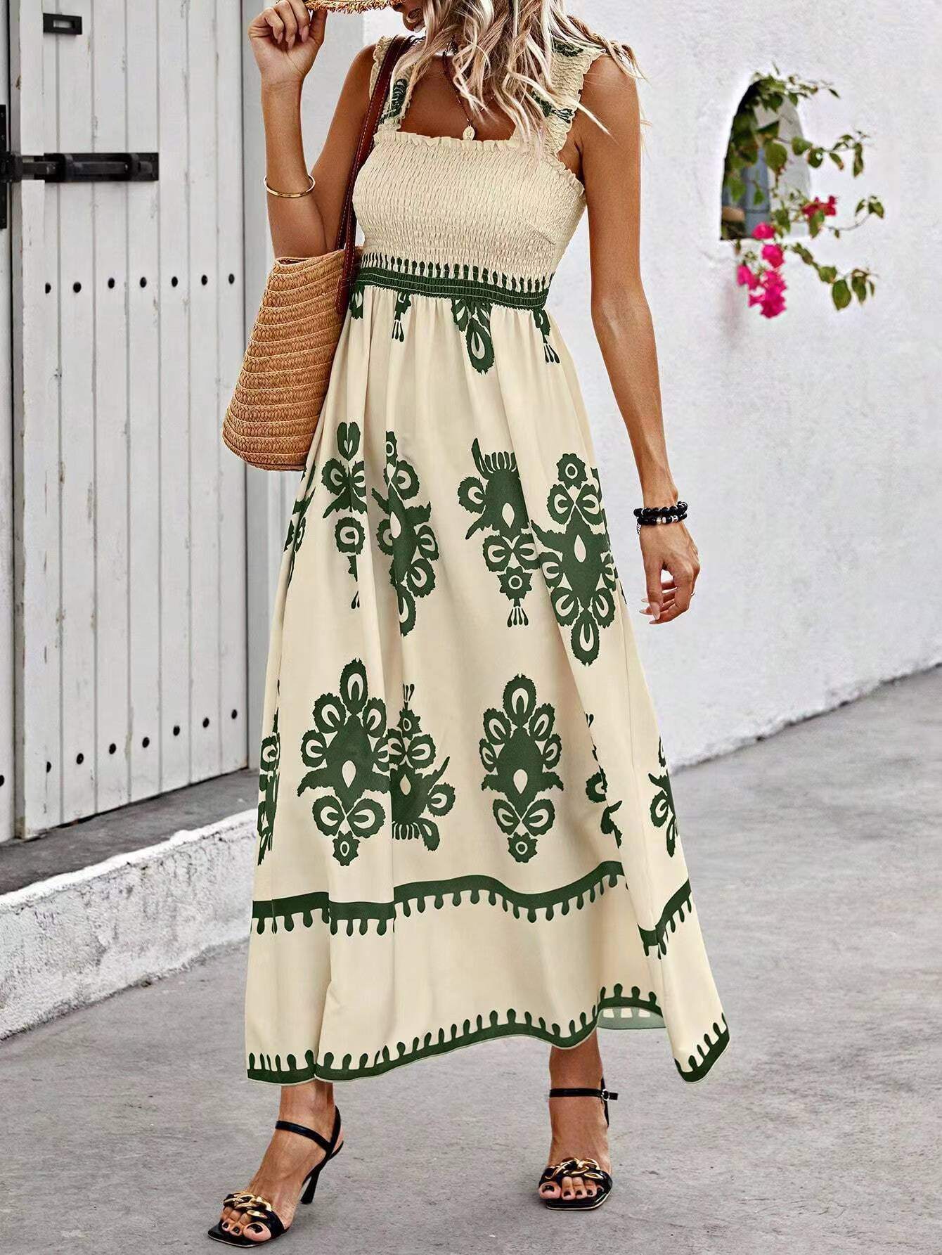 Vestido midi feminino estilo resort estampado com frente cruzada
