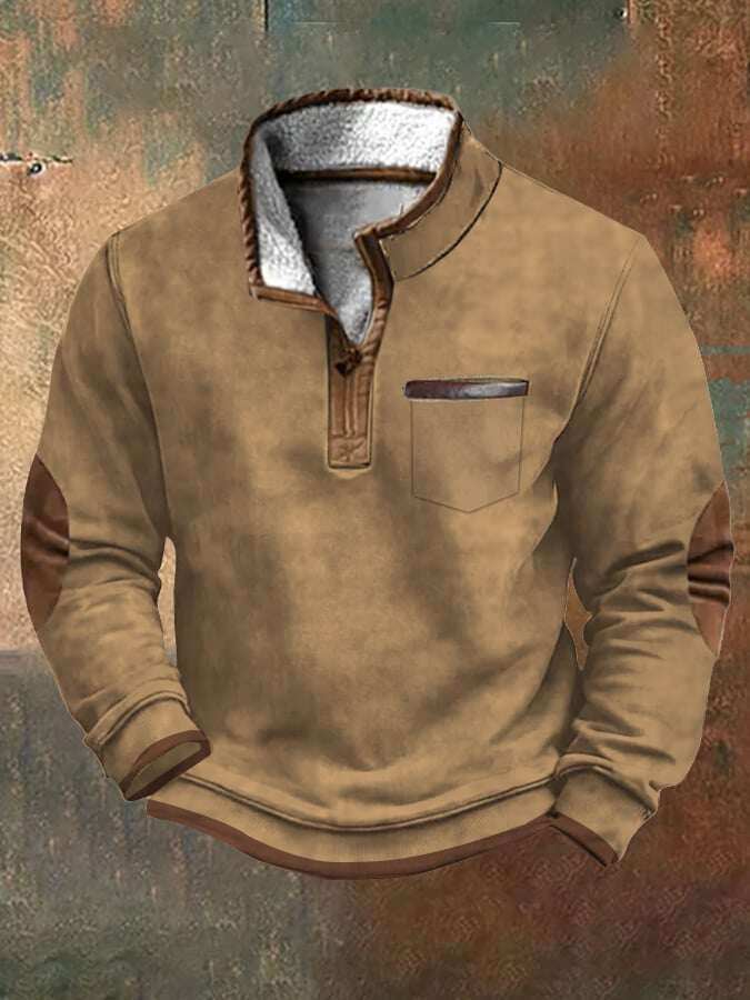 Moletom masculino vintage com patchwork ocidental e bolso com zíper