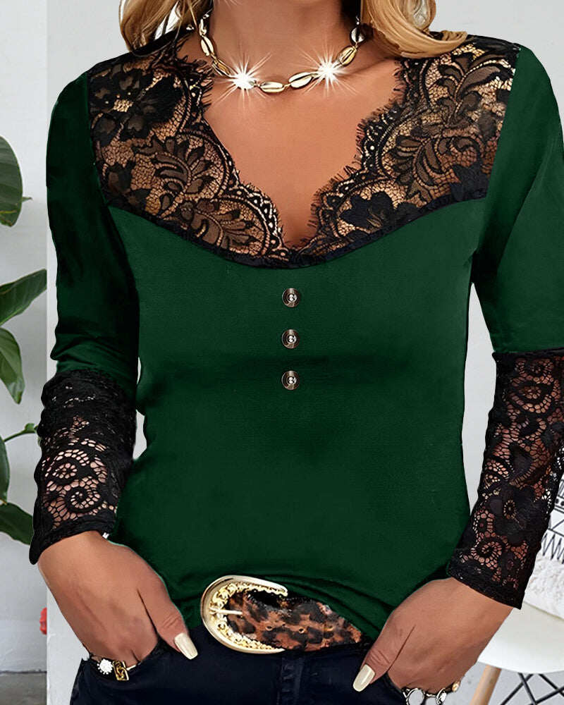 Top decote em V com mangas compridas e renda