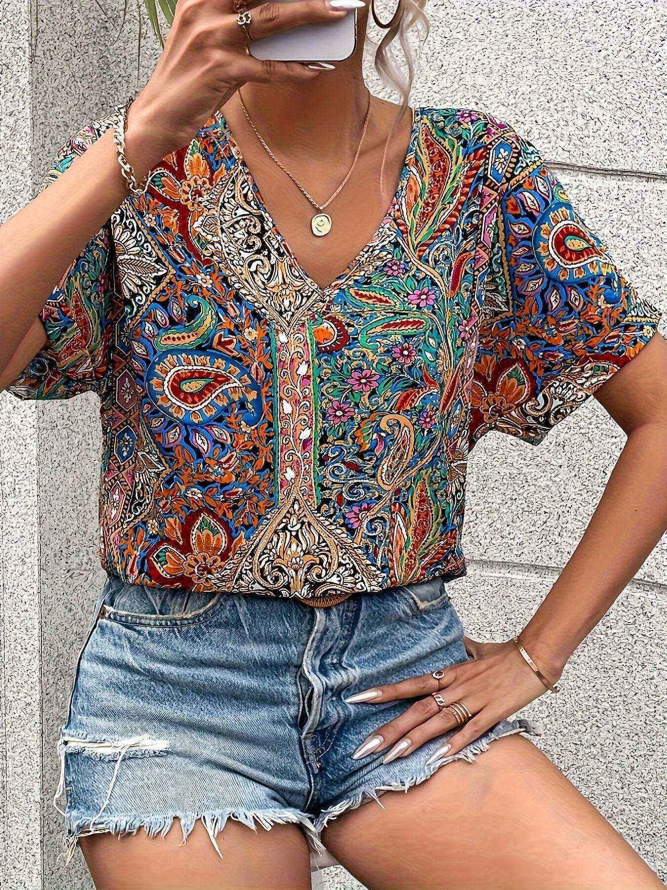 Camisa étnica retrô feminina estampa paisley 2024 coleção primavera verão 1495326