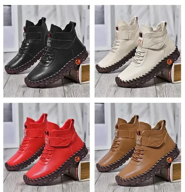 Sapatos femininos, sapatos de veludo quente de algodão de cano alto, sapatos de mãe de inverno costurados à mão, solas macias e solas planas