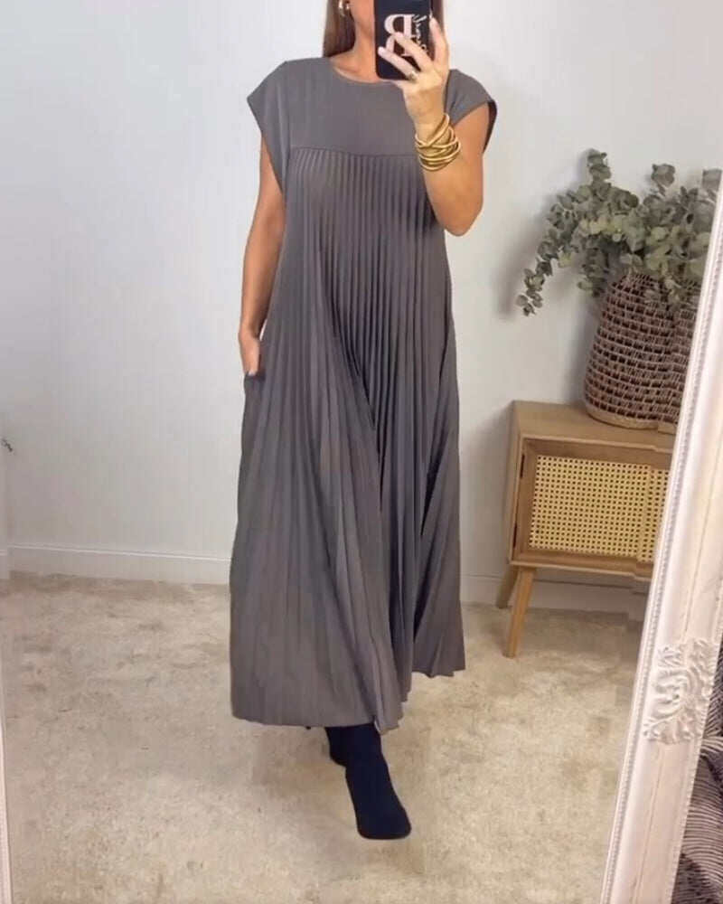 Vestido plissado simples de cor sólida sem mangas