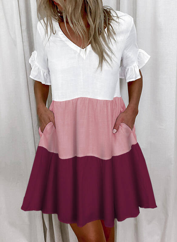 2024 moda primavera e verão vestido curto estampado com babados e bolso para mulheres