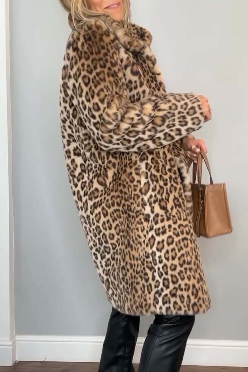 Casaco de inverno feminino elegante feito de pele sintética com estampa de leopardo e lapelas