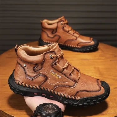 Botas de caminhada masculinas costuradas à mão com cadarço para atividades ao ar livre