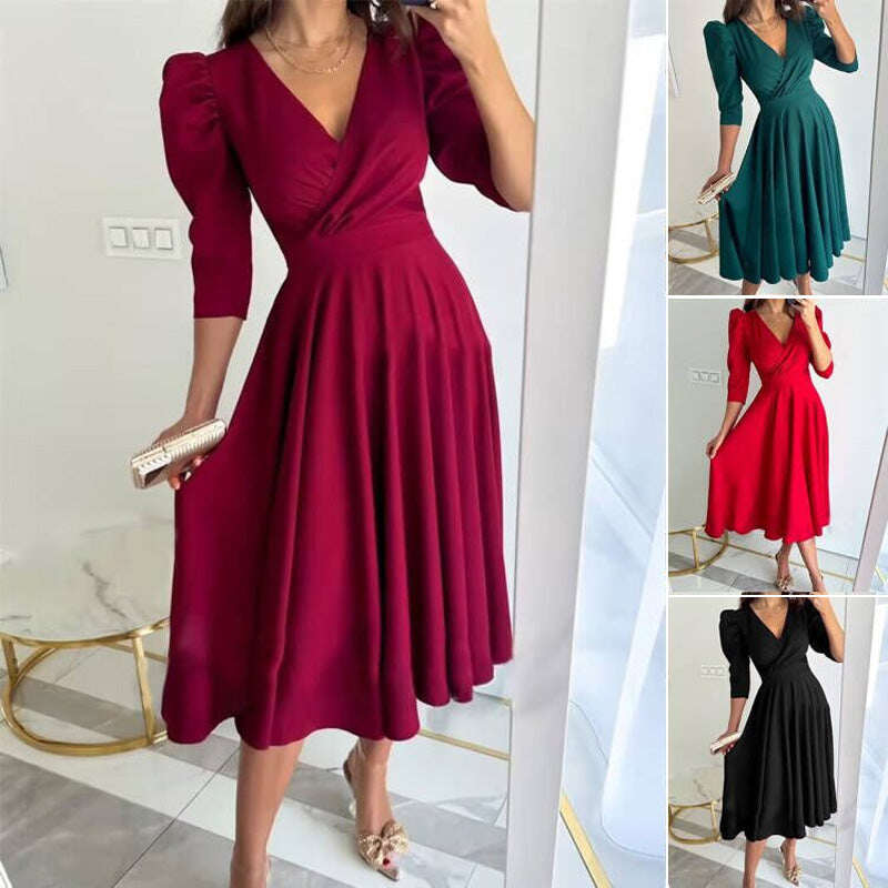 🌸Ocasiões especiais de primavera💐 Vestido midi plissado com decote em V feminino, cintura fina