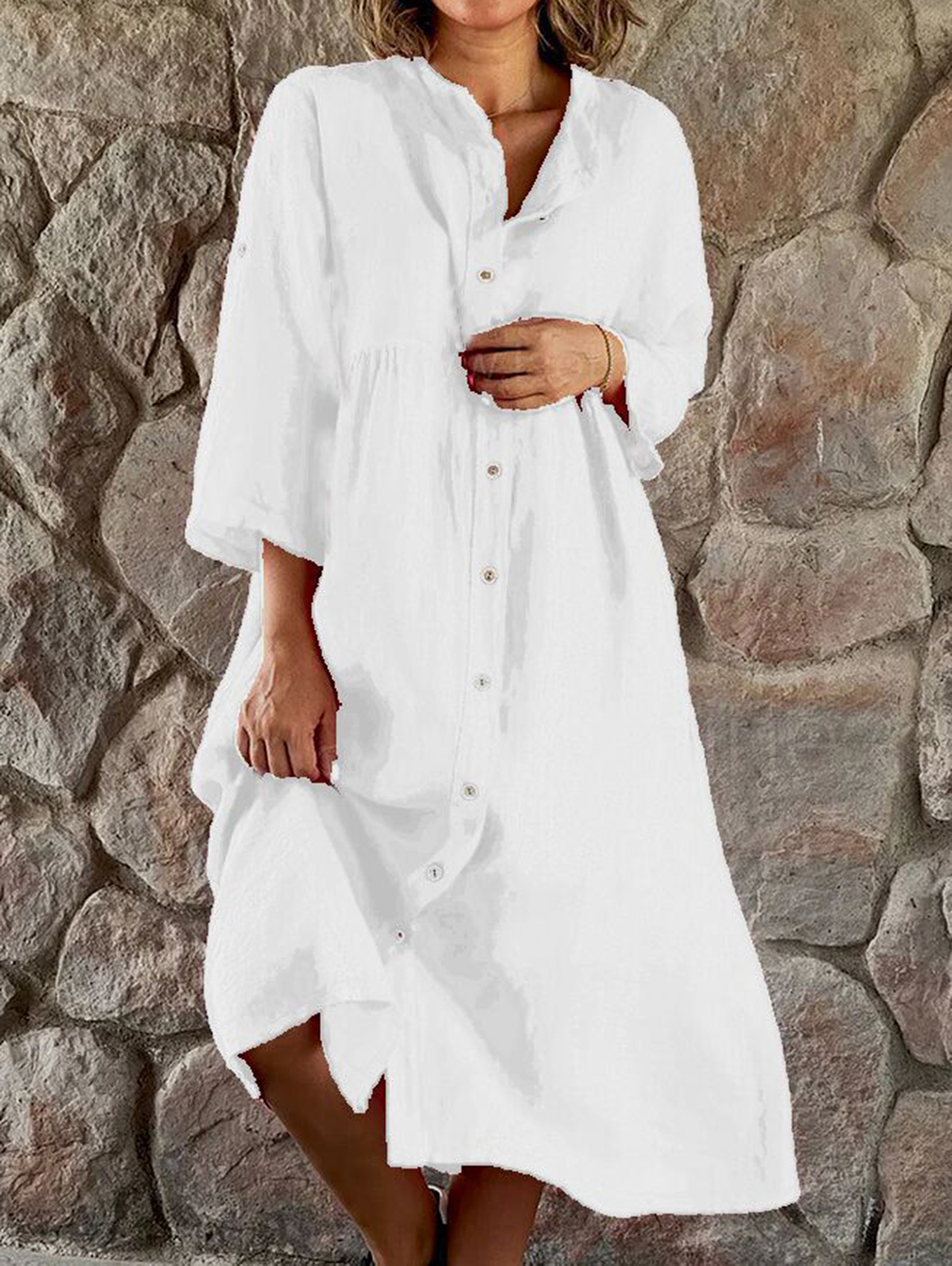 Casual Plain Stand Collar 3/4 Sleeve Single Breasted Midi Dress