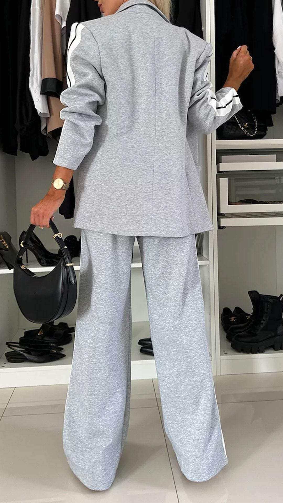 Conjunto casual feminino de duas peças com lapelas e mangas compridas