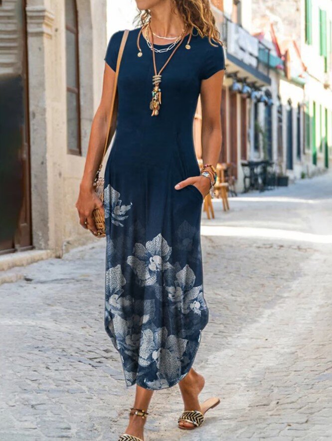 Primavera e verão novo estilo em torno do pescoço bolso manga curta vestido estampado na moda