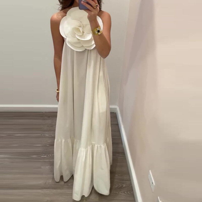 Vestido sem costas elegante de flor tridimensional de cor sólida de estilo suave sofisticado