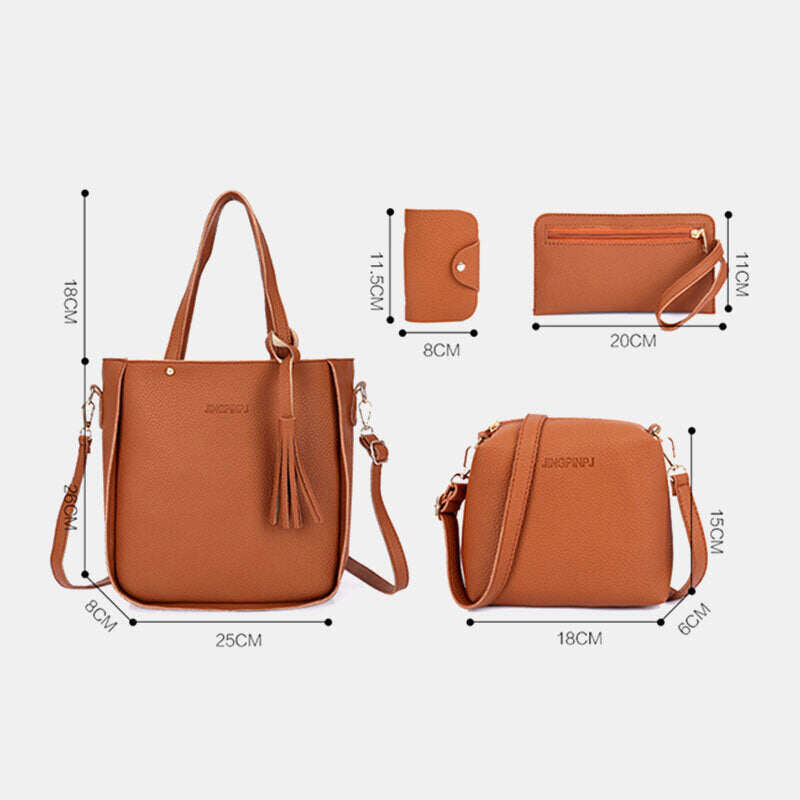 4 unidades de couro PU feminino com borla lazer bolsa crossbody bolsa fixa ex