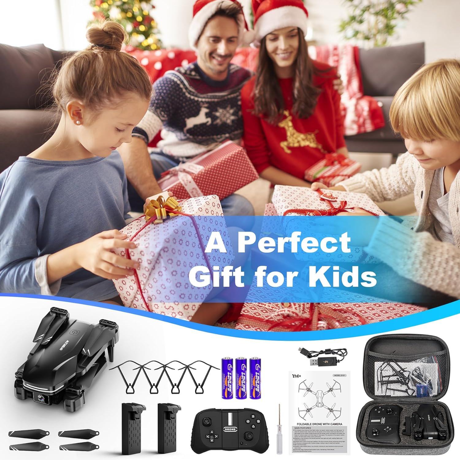 Drone com câmera 1080P HD FPV Drone dobrável para iniciantes e crianças, Quadcopter com controle de gestos de voz com estojo de transporte, decolagem/pouso com uma tecla, posicionamento de fluxo óptico, giro de 360°, voo de ponto de passagem