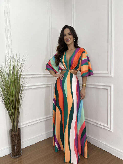 Vestido maxi estampado exclusivo com cordão e cintura e mangas de quimono