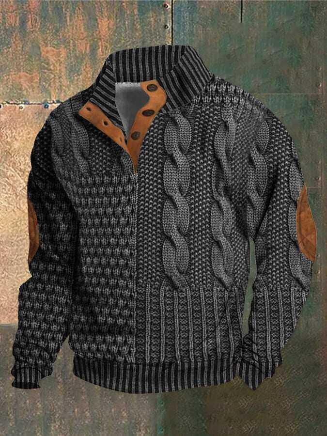 Męska bluza casualowa z nadrukiem retro, z kołnierzykiem i guzikiem