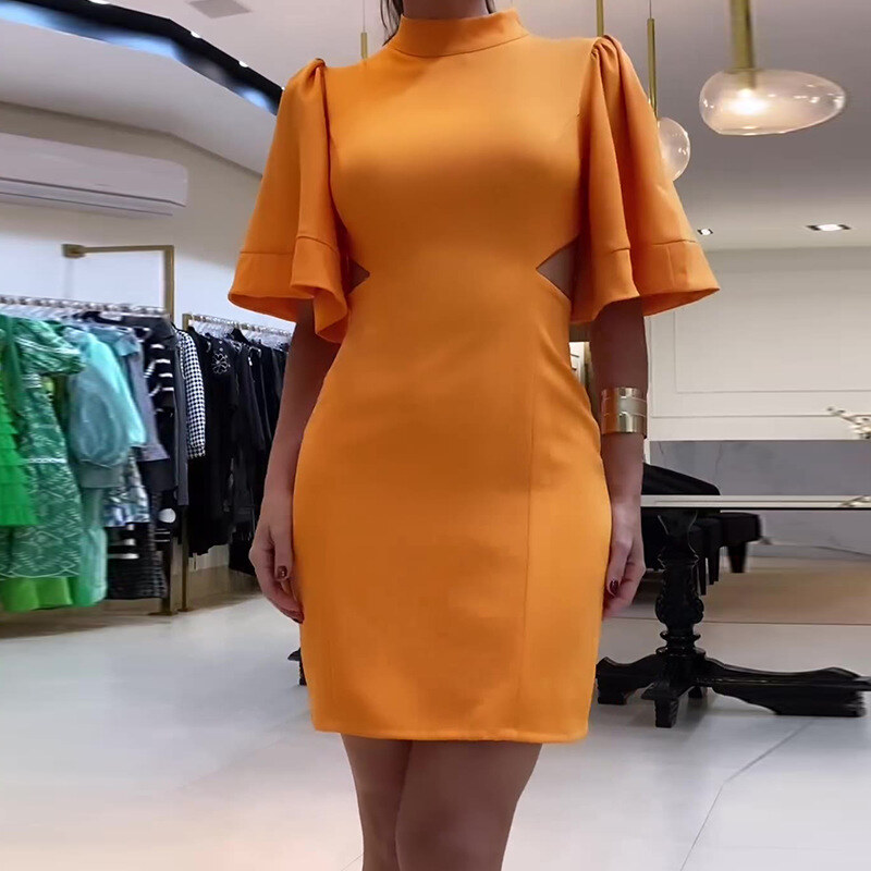 Venda quente cor sólida em torno do pescoço mangas sino elegante sem costas com tiras magro hip-abraçando vestido