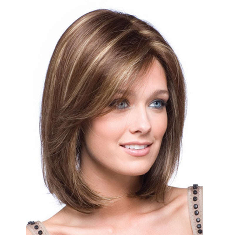 Medium length brown wig with highlights and side bangs