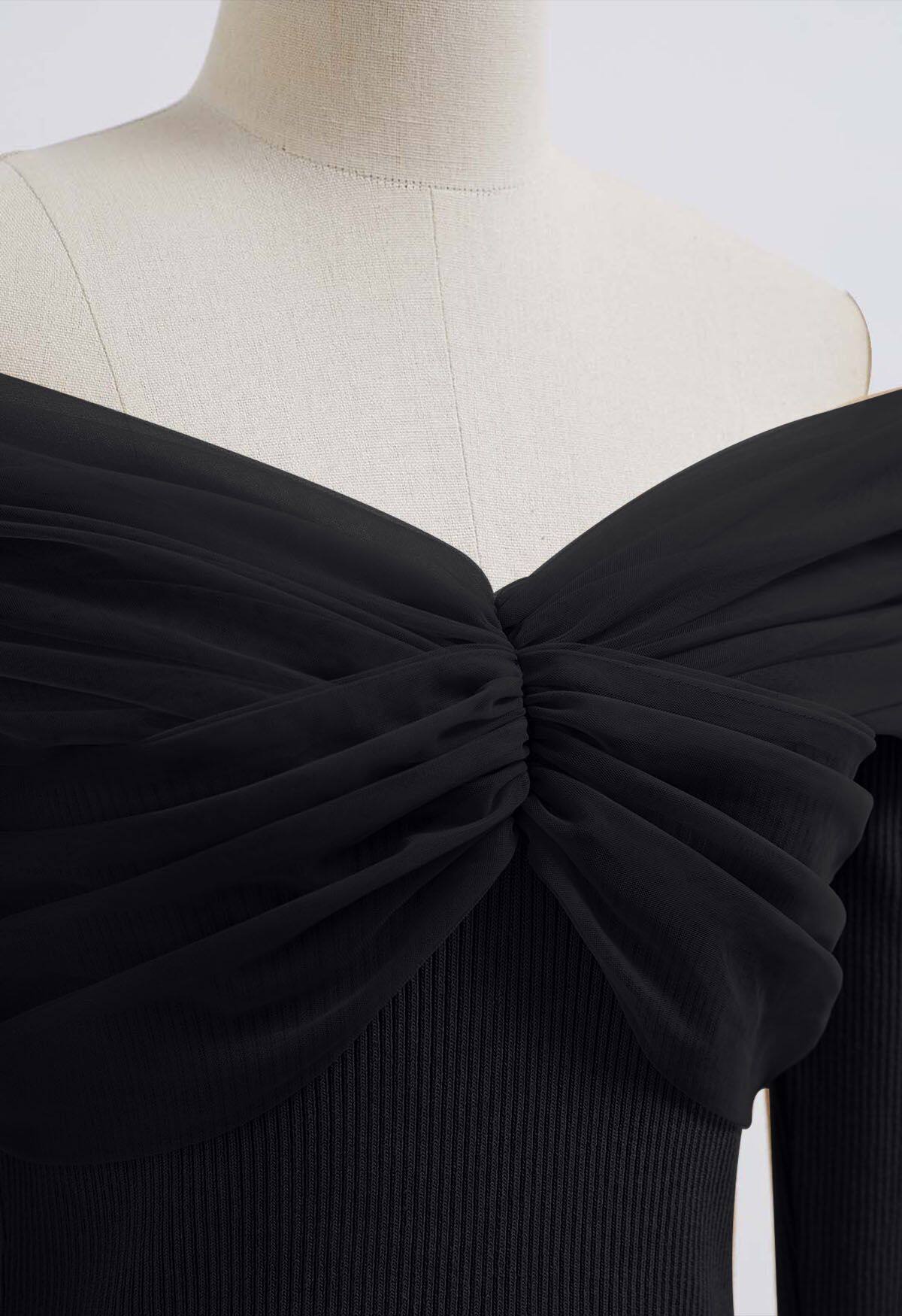 Top preto de malha com retalhos de malha sem ombros preto + conjunto de saia de comprimento médio de malha dupla camada 3D POSY