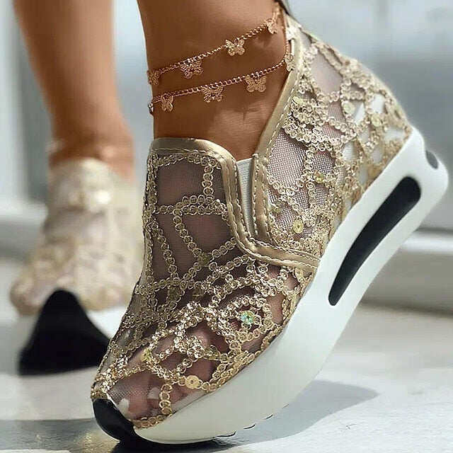 Sapatos femininos casuais de verão com lantejoulas e cunha