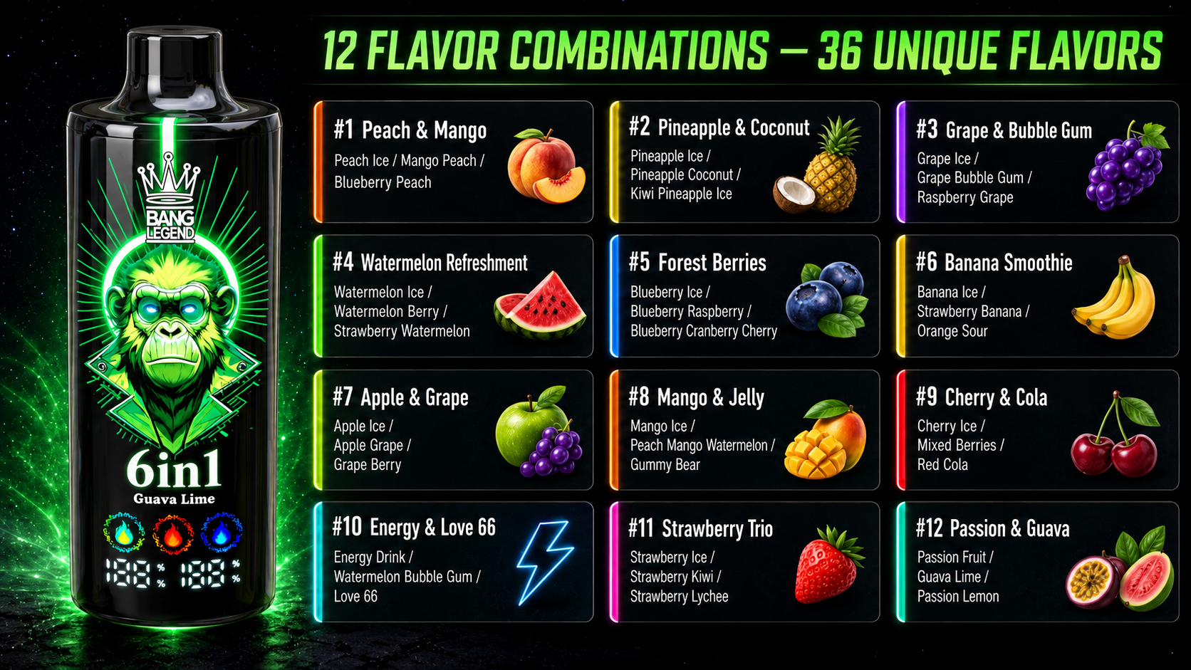 Bang Legend 150K 12 Flavor Combinations 36 Unique Flavors