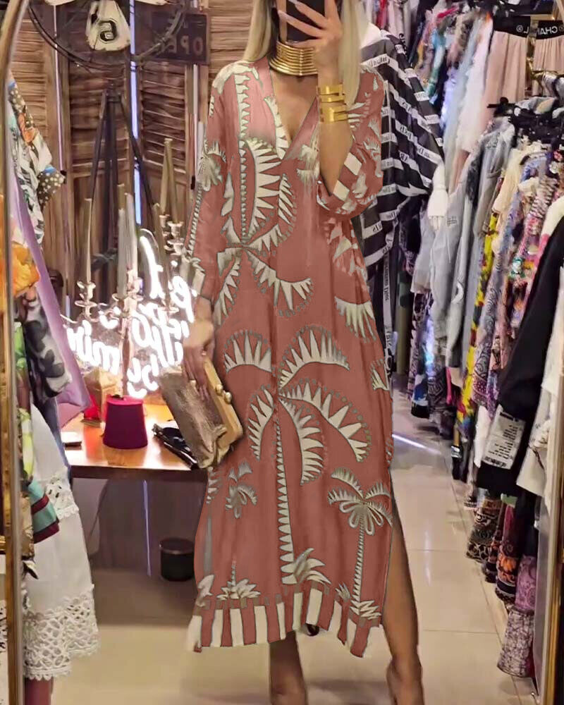 Vestido vintage com estampa botânica e decote em V profundo