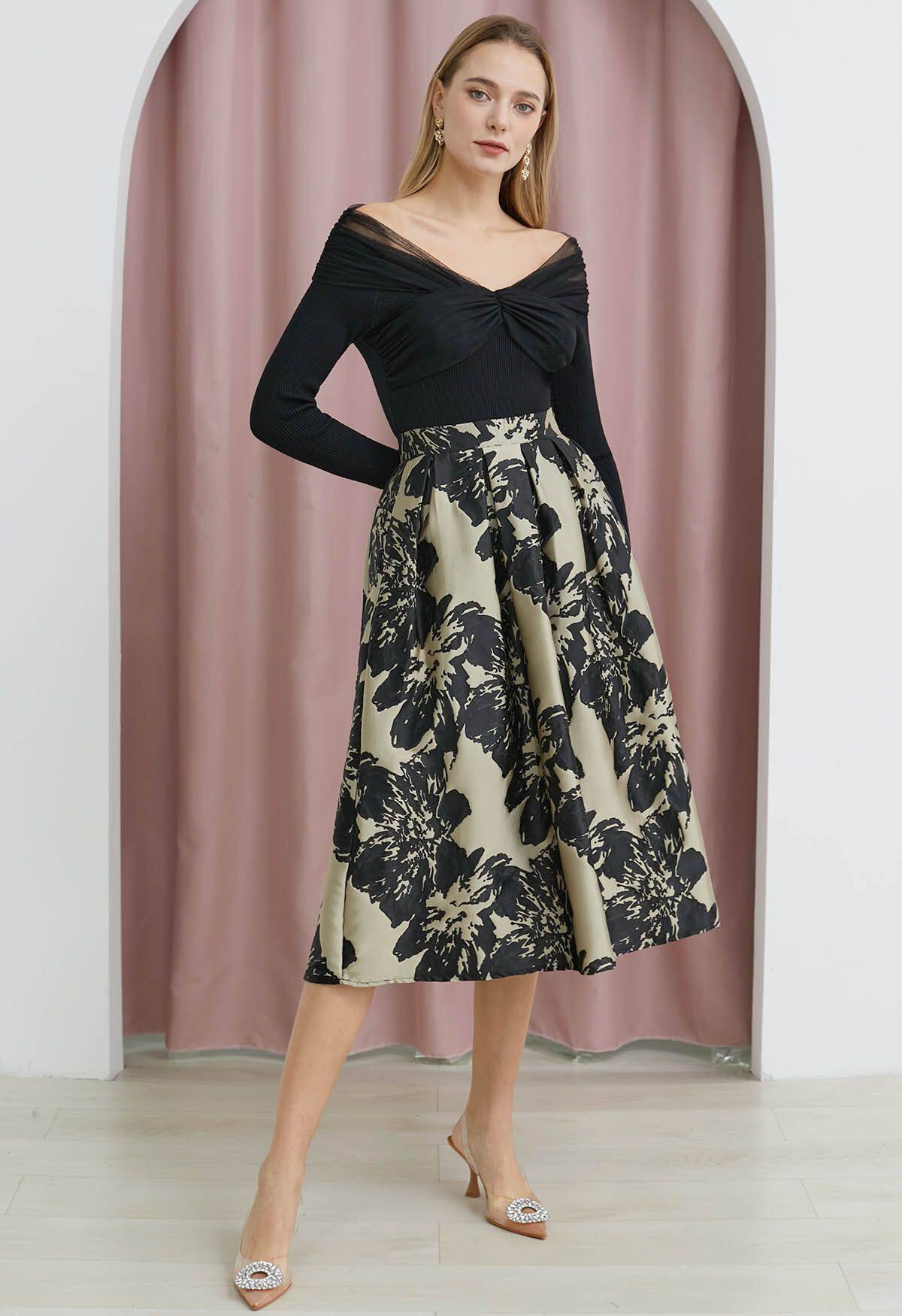 Top preto de malha com retalhos de malha sem ombros preto + conjunto de saia de comprimento médio de malha dupla camada 3D POSY