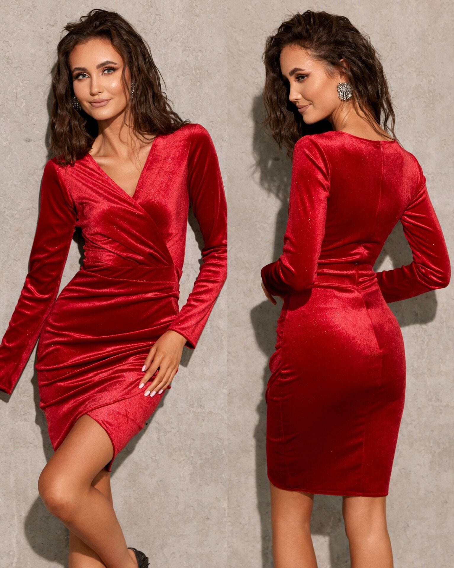 VESTIDO SEXY DECOTE EM V MANGA COMPRIDA OURO VELUDO