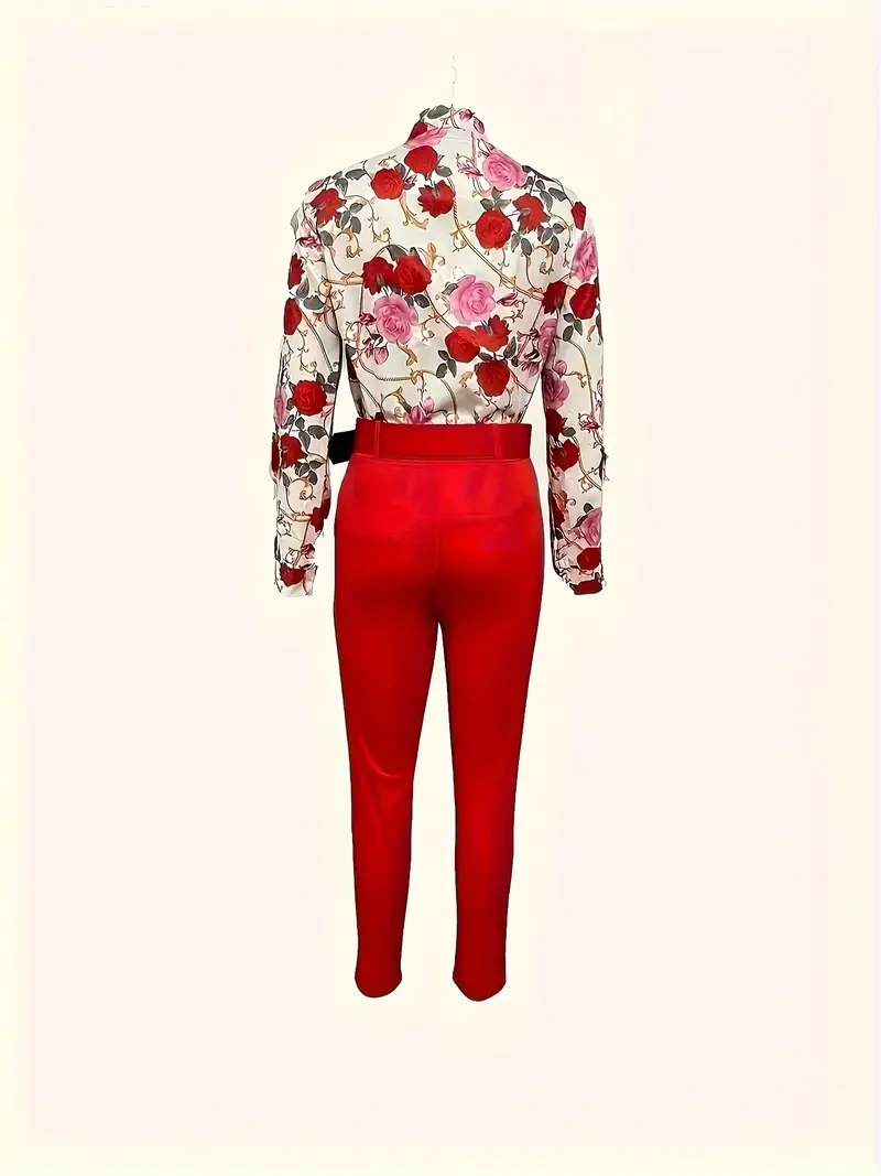 Conjunto elegante de duas peças – Blusa floral, calça com cinto, decote em V.
