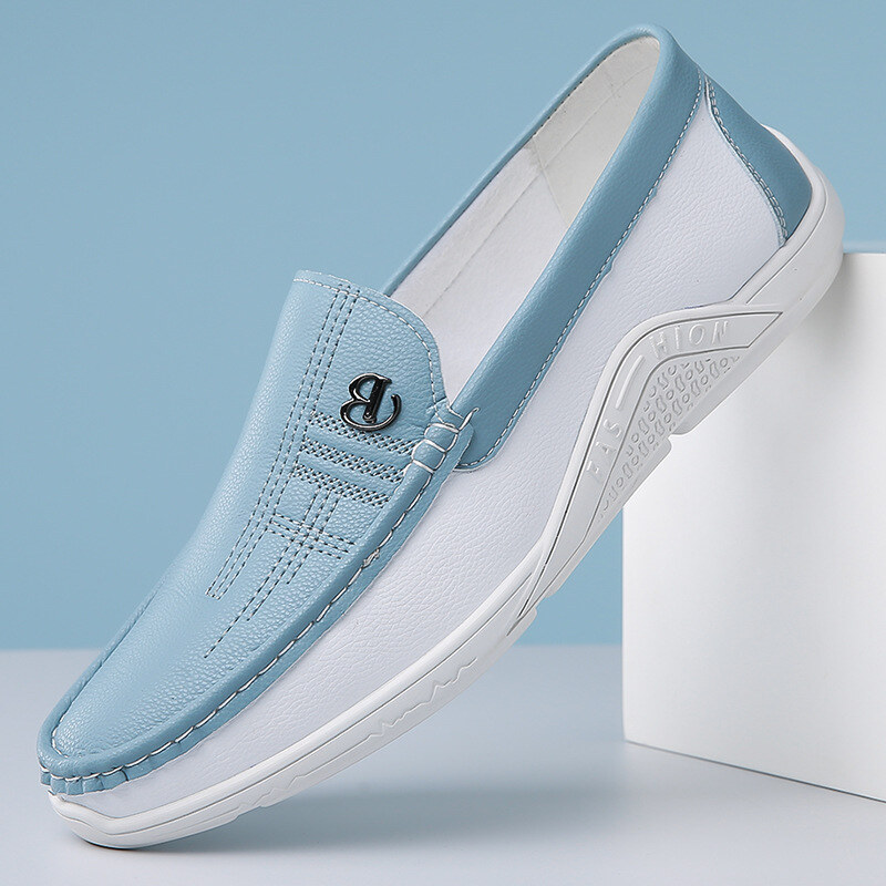 Sapatos casuais masculinos de couro com sola macia e sem cadarço