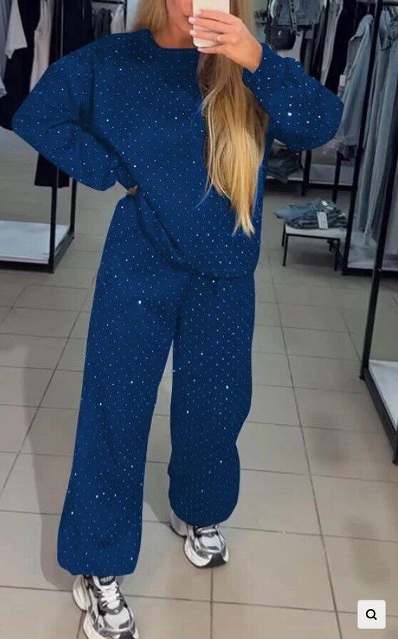 Conjunto de duas peças moletom com gola redonda + calça com cordão (com diamantes)