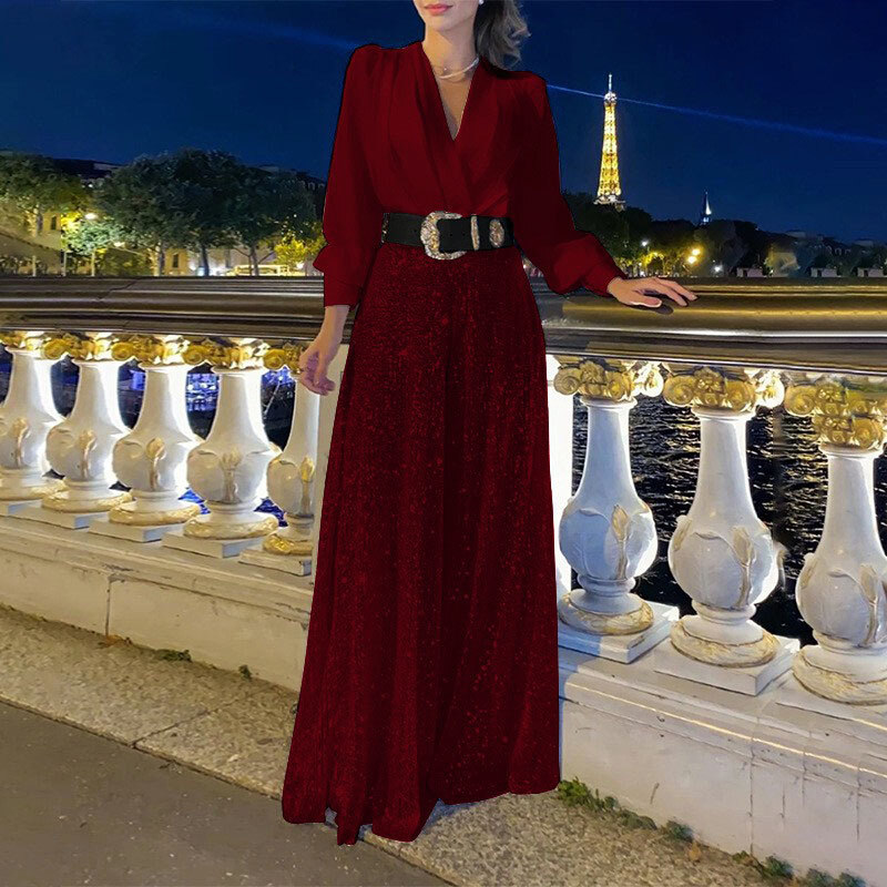 2024 vestidos femininos primavera outono premium decote em v manga comprida elegante cintura lantejoulas vestido francês
