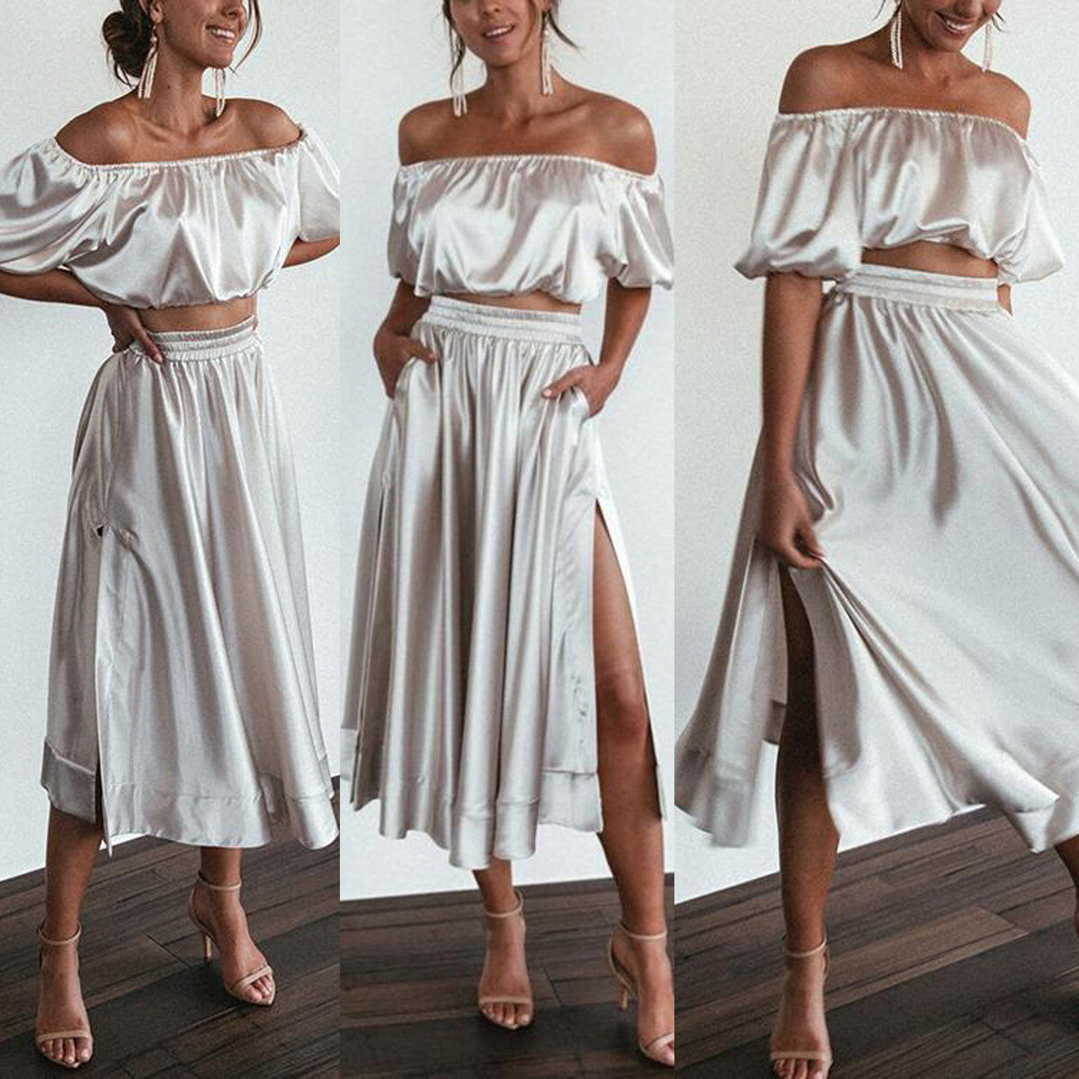 2023 New European and American Satin Off-shoulder Dress Set