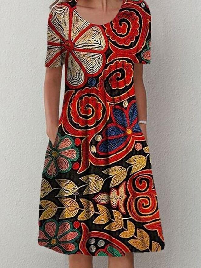 Vestido midi feminino primavera e verão com gola redonda estampado floral e bolso