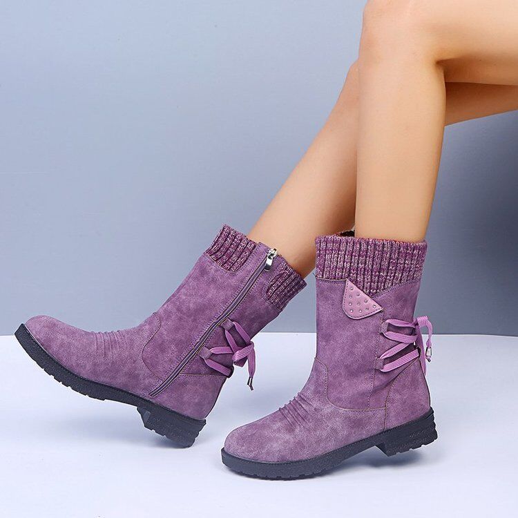 🔥51% DE DESCONTO AGORA - Botas de neve femininas de cano médio com punho de suéter, botas quentes de inverno