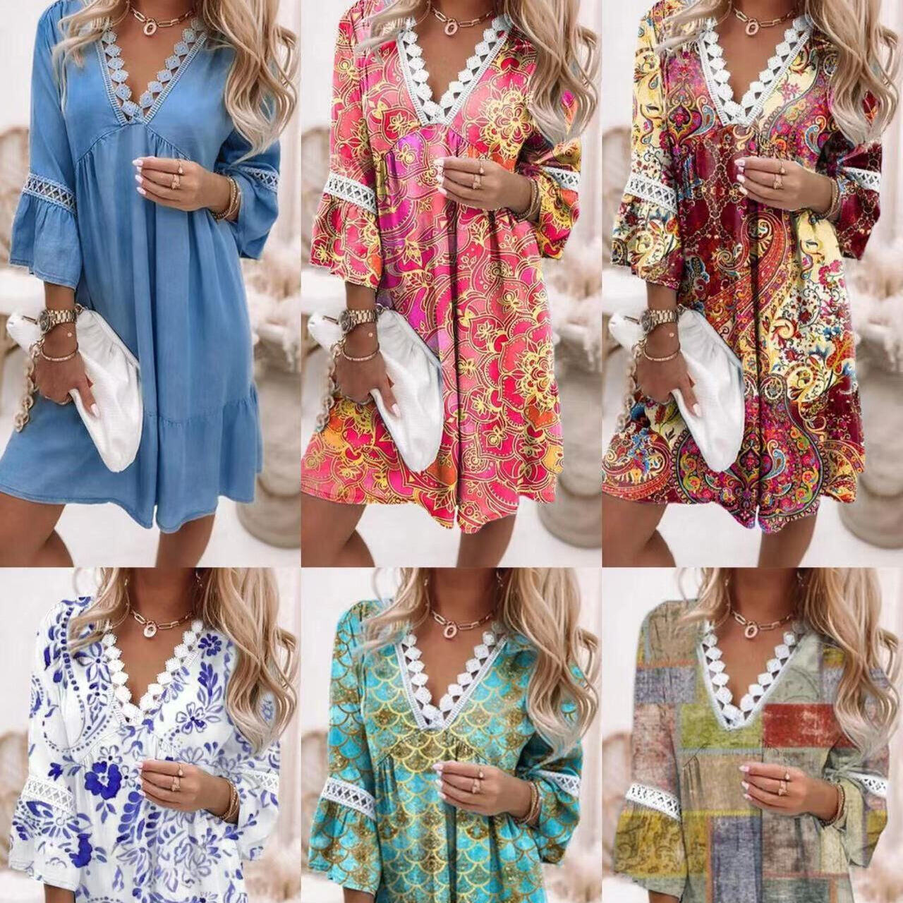 Novo vestido de verão com retalhos de renda estampado em algodão e linho