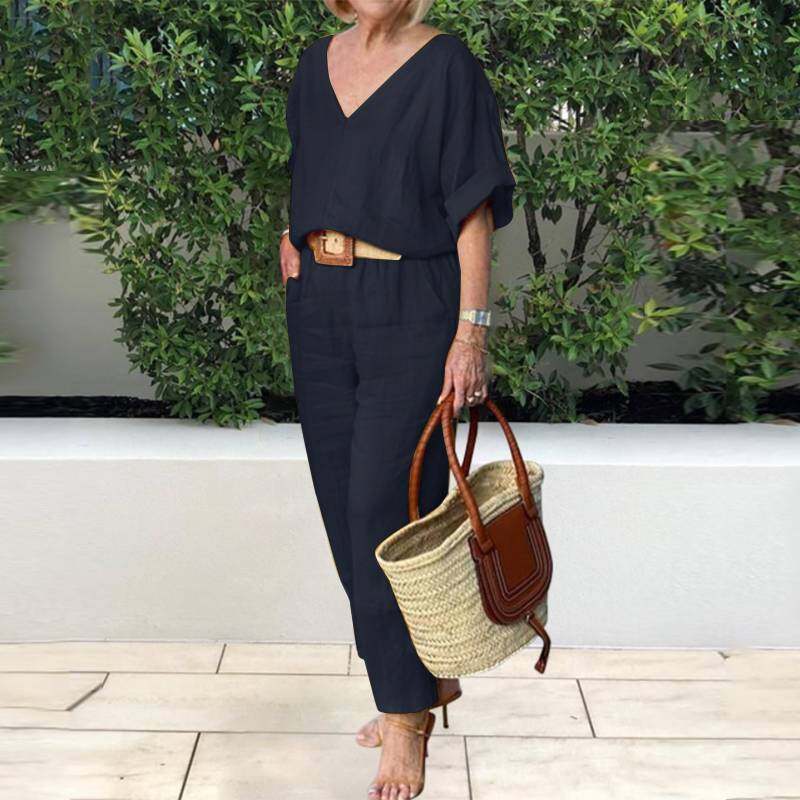 Terno feminino de algodão e linho com decote em V na primavera de 2024