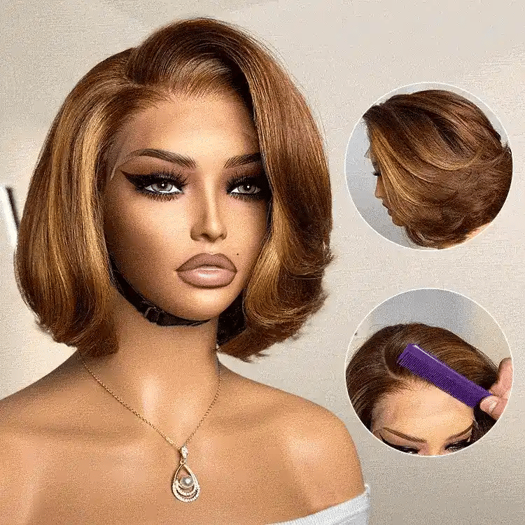 Limited Design | Toffee Brown Mix Blonde / Natural Black Layered Cut Glueless 5x5 Closure Lace Bob Wig