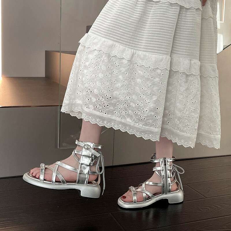 2024 novos sapatos romanos de verão com sola grossa e cano alto