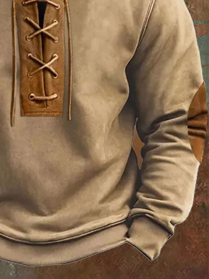 Moletom masculino retrô com estampa de blocos de cores ocidentais e cordão de alce com gola alta