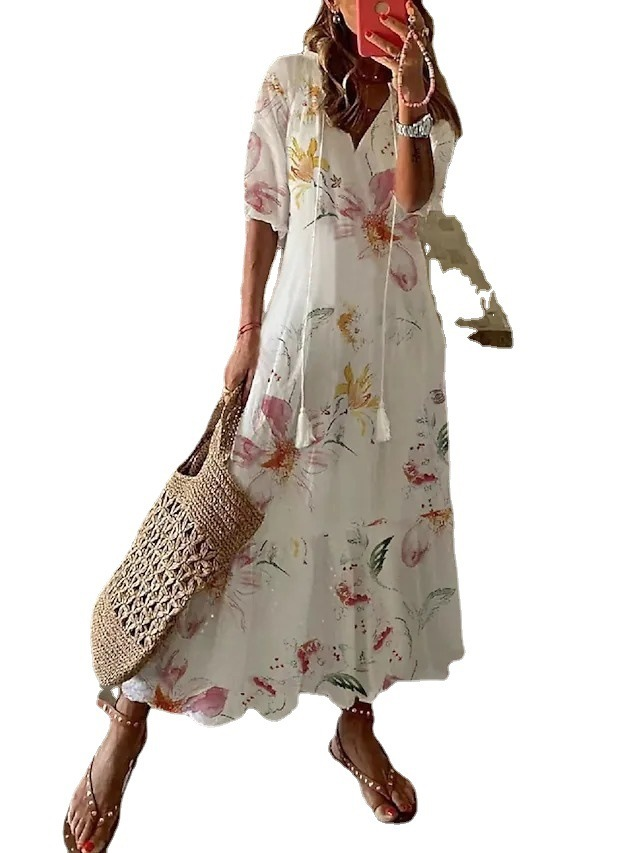 Vestido casual doce solto com decote em V manga longa estampa de barba