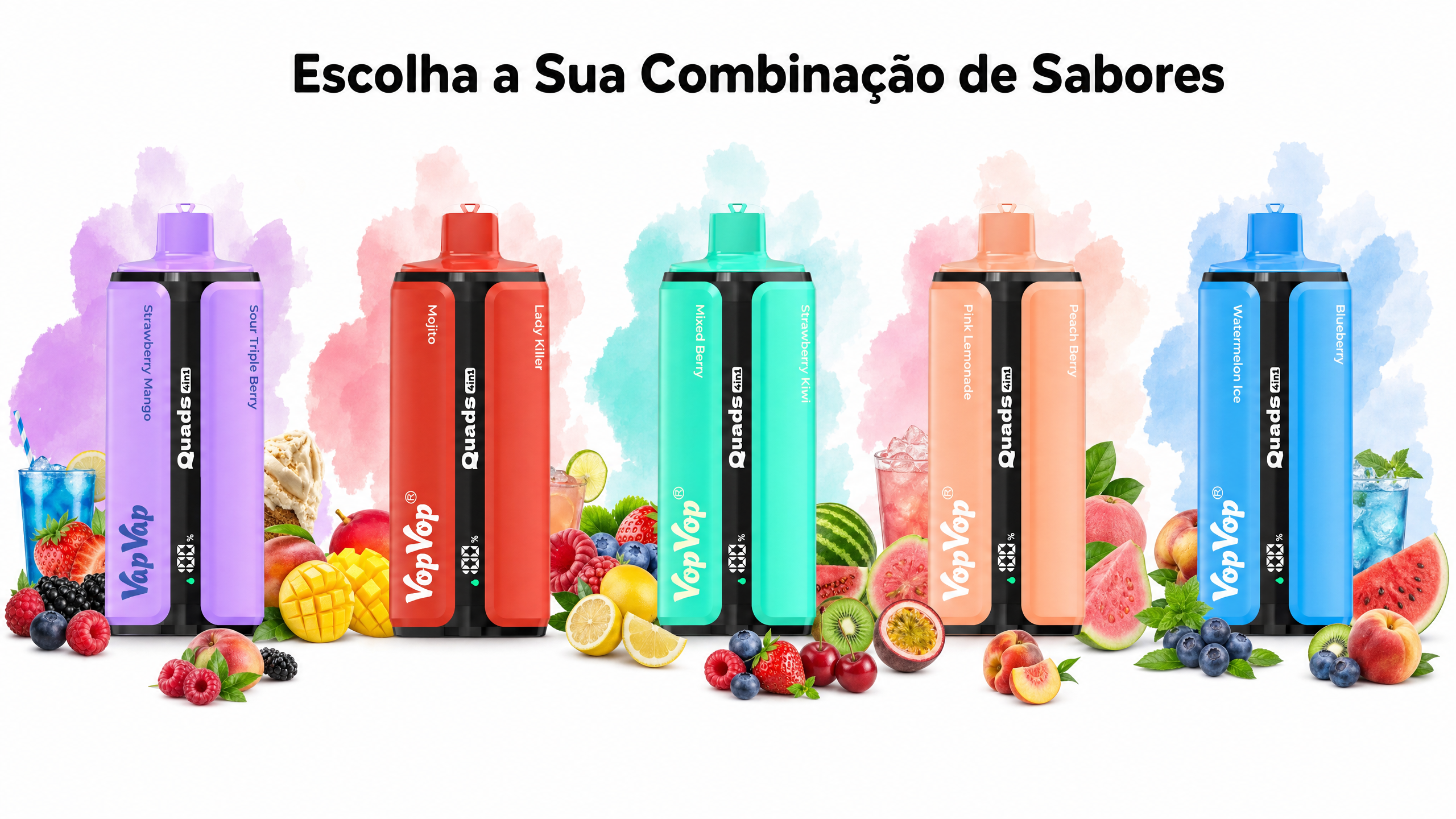 VopVop Quads 4em1 combinações de sabores disponíveis em Portugal — mais de 10 combinações de 4 sabores rotativos por dispositivo