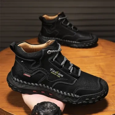 Botas de caminhada masculinas costuradas à mão com cadarço para atividades ao ar livre