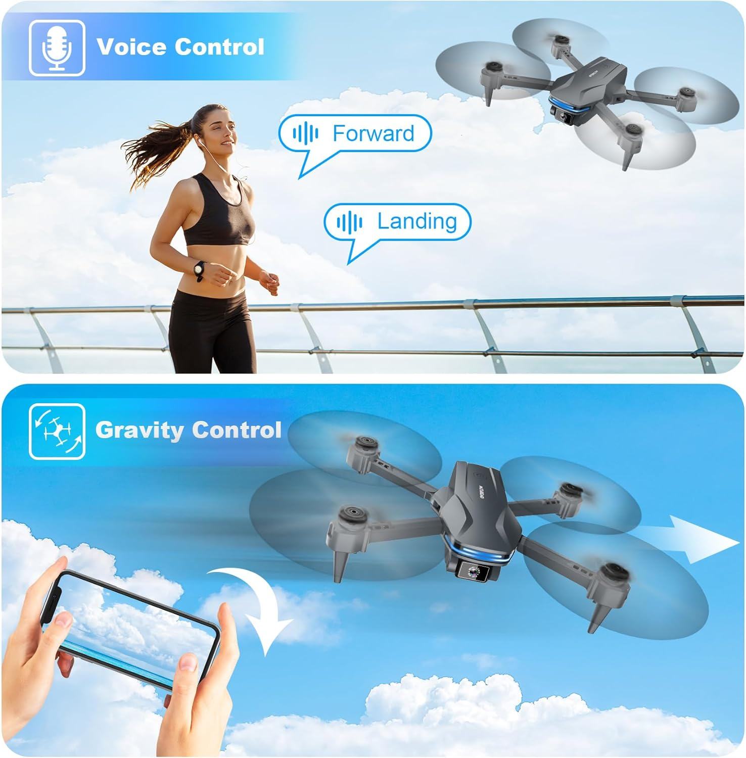 Drone com câmera 1080P HD FPV Drone dobrável para iniciantes e crianças, Quadcopter com controle de gestos de voz com estojo de transporte, decolagem/pouso com uma tecla, posicionamento de fluxo óptico, giro de 360°, voo de ponto de passagem